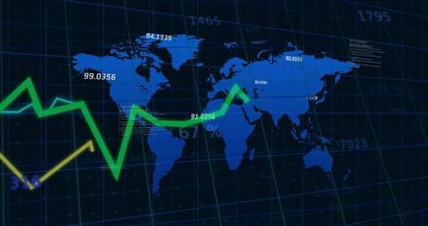 Displaying Global Market Trends with Neon Line Charts Over Blue World Map and Data Grid