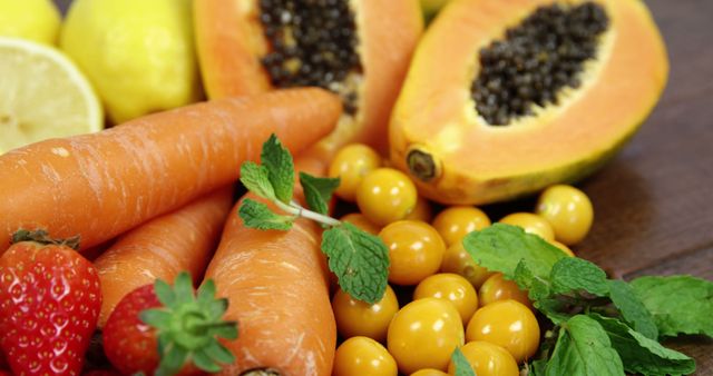 Close-Up of Fresh Fruits and Vegetables with Papaya and Carrots - Download Free Stock Images Pikwizard.com