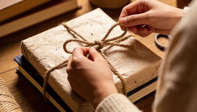 Sweater-clad hands tying twine bow on recycled-paper gift with books on wooden table