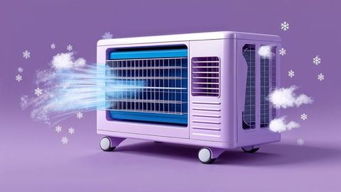 Modern portable air cooler emitting mist with snowflakes
