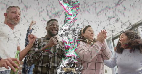 Multicultural Team Celebrating Success in Bright Lounge with Colorful Digital Glitch Overlay