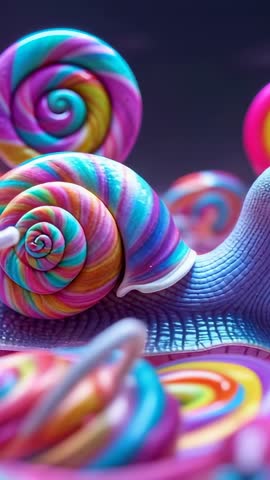 Snail with Rainbow Lollipop Shell Gliding through Pastel Candy Garden | Vertical Video