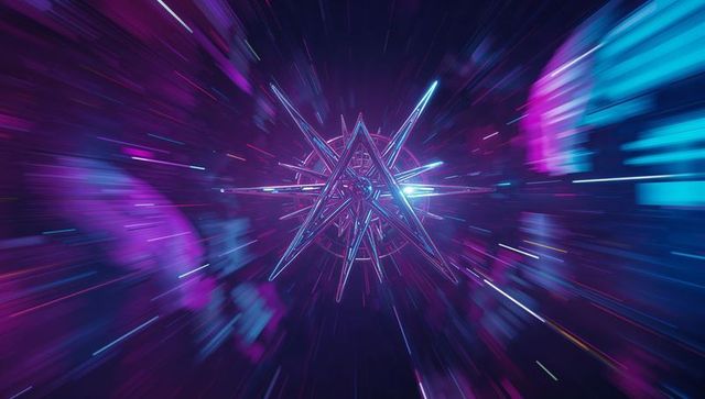 Futuristic Metallic Star Structure in Dynamic Neon Tunnel