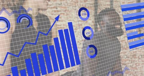 Business Analytics Dashboard Overlaying Two Colleagues Standing and Collaborating with Blue Data Cha