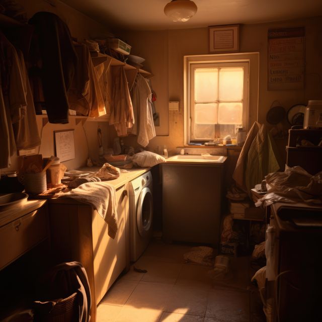 General view of utility room with clothes, created using generative ai technology. Utility room, home decor and interiors concept digitally generated image.