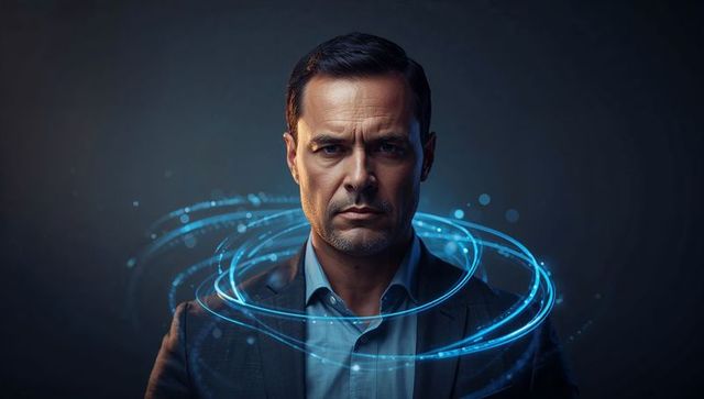 Futuristic Executive Portrait with Holographic Rings Conveying AI Leadership and Technology