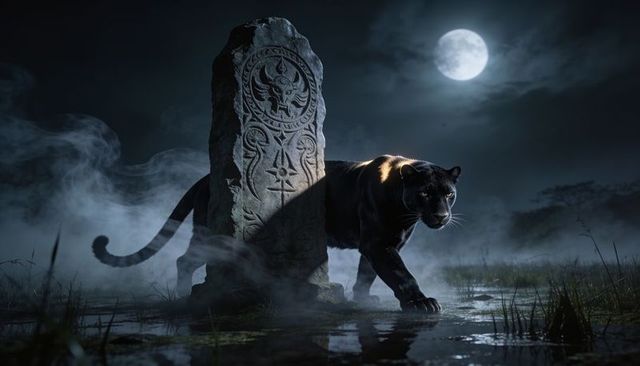 Nocturnal black panther prowling past carved monolith in moonlit misty marsh, full moon