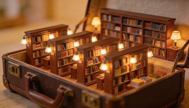 Miniature library inside vintage leather suitcase with warm lamps and tiny books