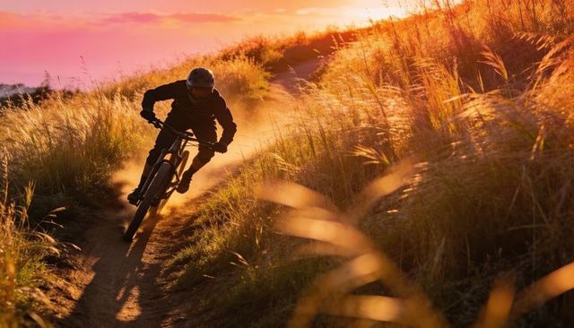 Mountain biker leaning into turn on dusty sunset trail through golden grass backlit at golden hour