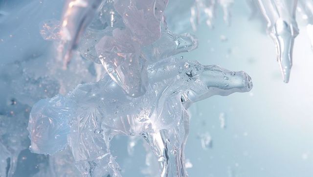 Crystalline Water Droplets Forming Liquid Arcs in Abstract Studio Scene