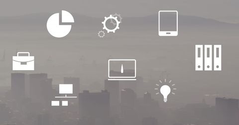 Financial Data Processing Icons Overlaid on Cityscape - Download Free Stock Images Pikwizard.com