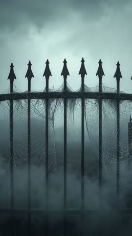 Fog-shrouding Wrought-Iron Gate Revealing Delicate Spiderwebs in Gothic Vertical Video