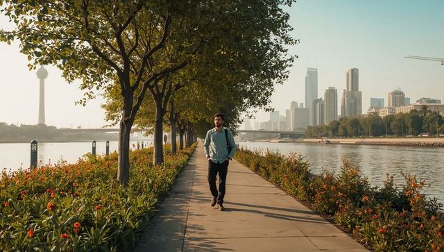 Man walking riverside promenade with city skyline and flower-lined path