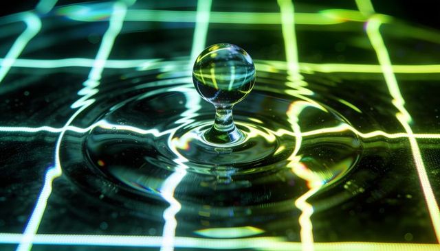 Neon grid reflections on water droplet perched on column with concentric ripples macro