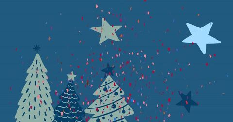 Christmas celebration confetti over decorations on blue background