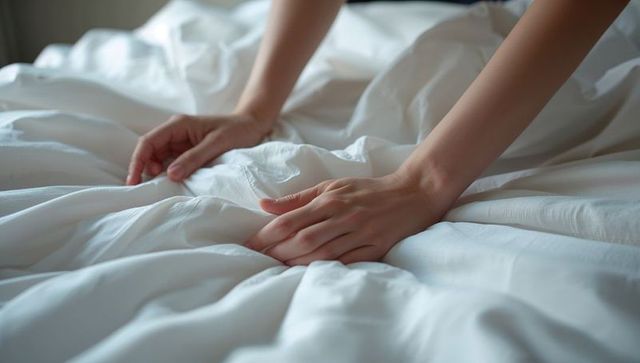 Hands smoothing white duvet in softly lit bedroom