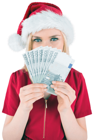 Caucasian Woman Fundraising Christmas Cheer with Euros