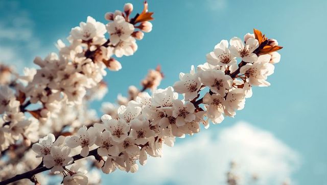 Diagonal cluster of pink white blossom on branch against blue sky — spring floral macro