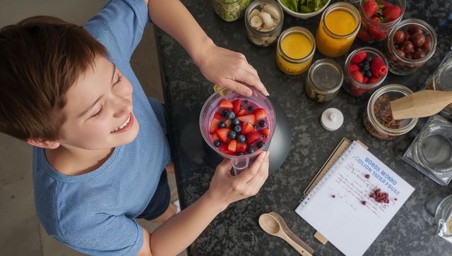 Smiling boy preparing fresh strawberry blueberry smoothie at modern kitchen counter