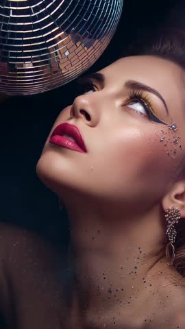 Model tracking spinning disco ball while glittering under studio lights, vertical beauty video
