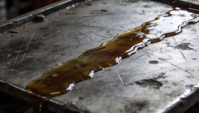 Worn steel griddle with amber oil streak and scratches on rusted workshop bench texture