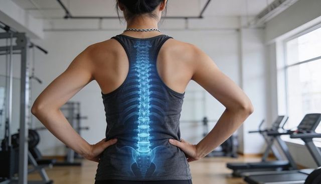Standing woman displaying glowing spine overlay in gym for back health and posture
