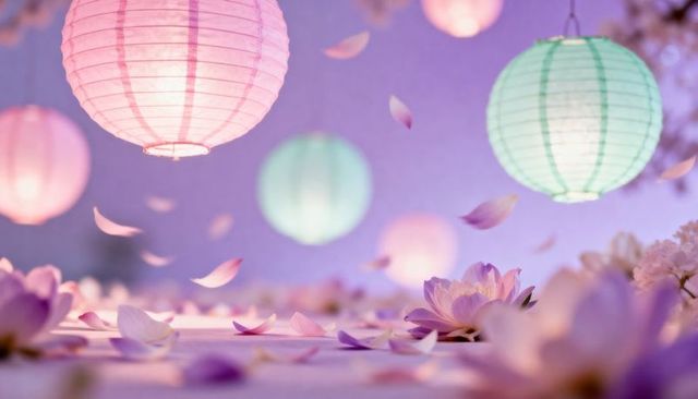 Pastel paper lanterns and lotus petals creating dreamy twilight ambience with soft bokeh