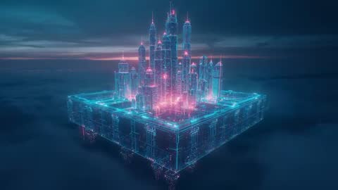 Futuristic Neon Cityscape Floating Above Clouds