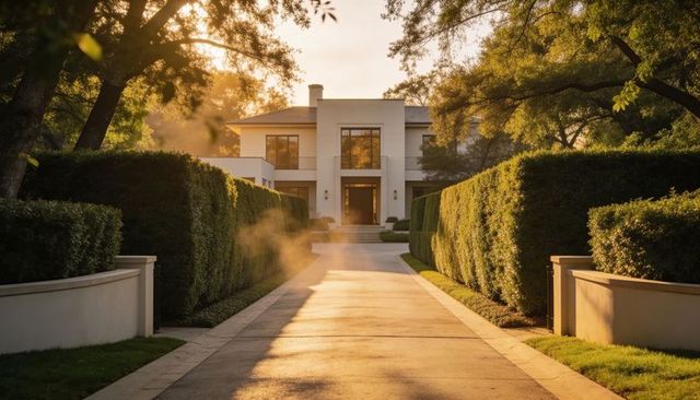 Sunlight bathing modern mansion with tree-lined driveway and sculpted hedges