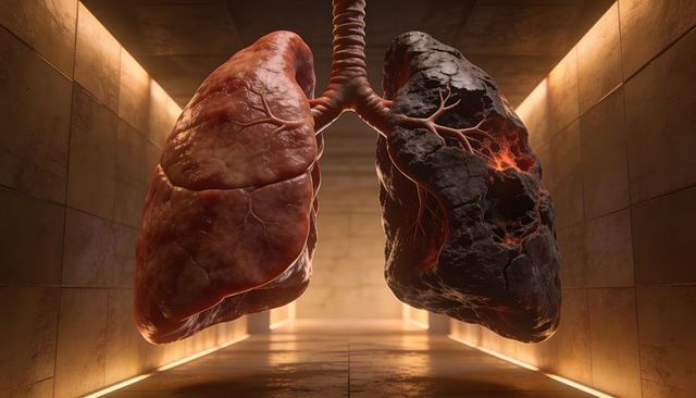Contrasting healthy glossy lung and charred diseased lung hanging in lit medical corridor