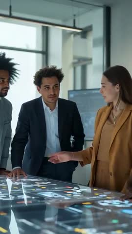 Vertical Business Briefing: Mustard-Blazer Woman Guiding Team on Interactive Data Table