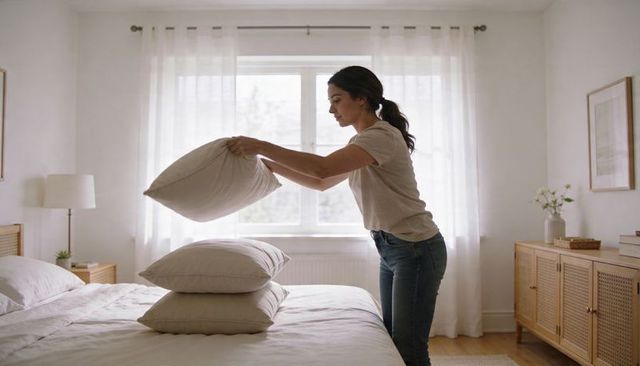 Woman arranging pillows on bed in minimalist neutral bedroom with soft morning light
