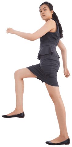 This transparent image features an Asian businesswoman in a confident walking pose dressed in formal business attire. The clear background is ideal for easy integration into professional presentations, business designs, marketing, and career-oriented artworks. Perfect for conveying themes of movement, progress, and professionalism.