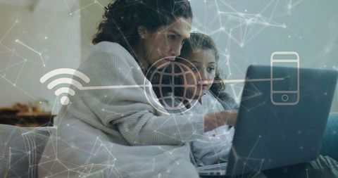 Mother Guiding Daughter on Laptop with Digital Network Overlay