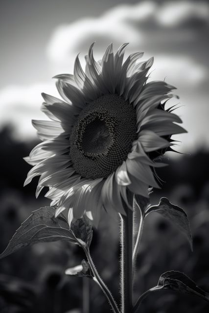 Sunflower with blurred background in black and white, created using generative ai technology. Nature, summer and flower concept digitally generated image.
