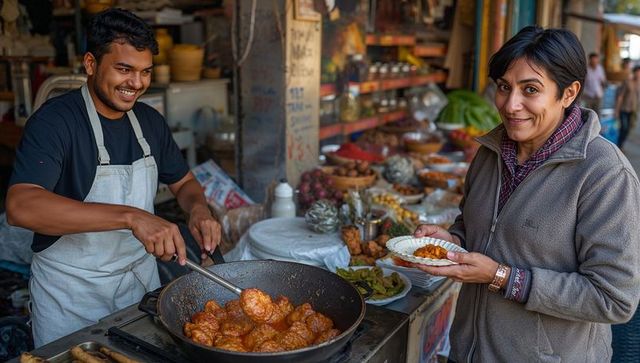 Smiling street vendor serving spicy curry balls to customer at bustling market stall
