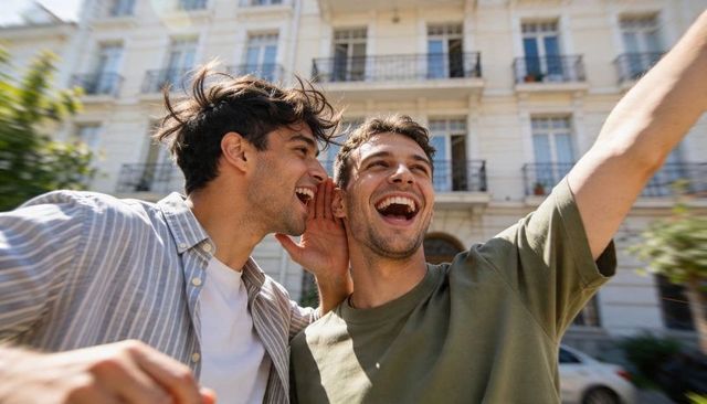 Two friends whispering and laughing while celebrating on sunlit street with balconies