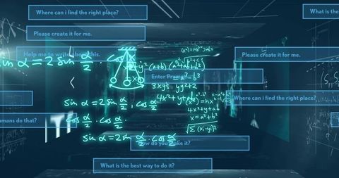 Floating cyan math equations and chat panels in neon virtual tunnel futuristic interface
