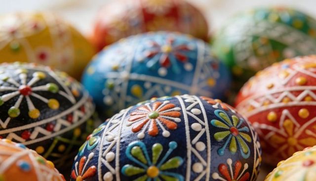 Hand-painting Pysanky Eggs Displaying Colorful Floral and Geometric Wax-Resist Designs