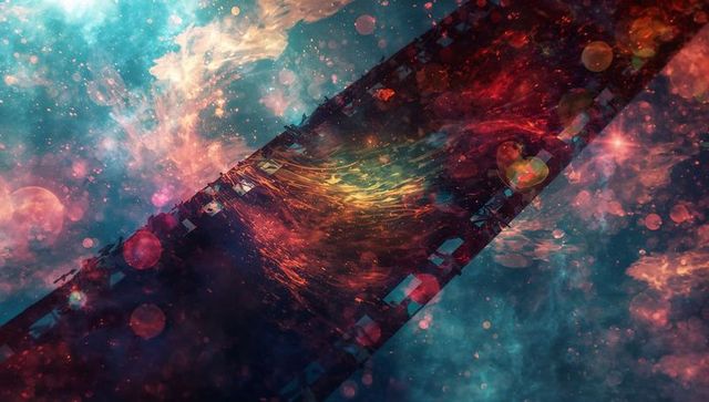 Futuristic film strip in colorful cosmic nebula