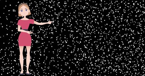 Cartoon woman pointing at snowfall against black backdrop