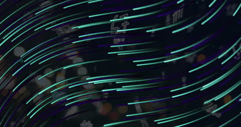 Futuristic Light Trails with Floating Numbers Against Night Cityscape