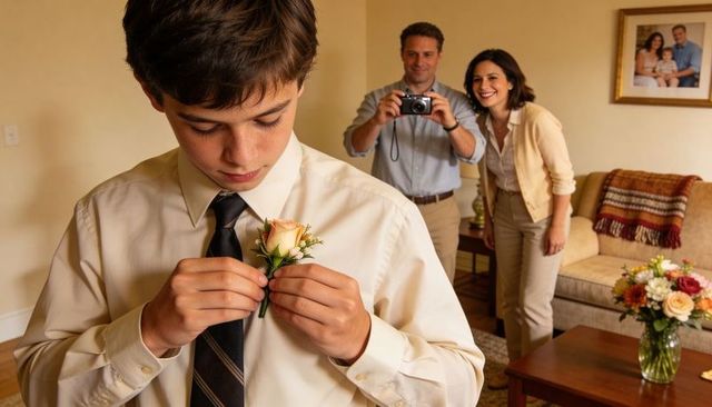 Teen boy pinning peach boutonniere while parents record proud moment at home
