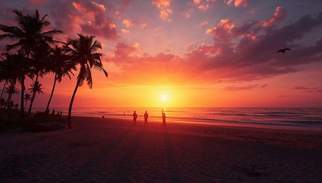Tropical sunset silhouettes on beach with palm trees casting long shadows under serene golden sky