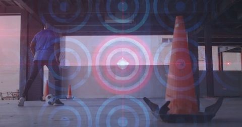 Soccer Practice with Digital Overlay on Urban Rooftop