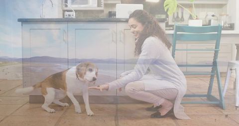Woman playing with beagle in modern kitchen with coastal double exposure