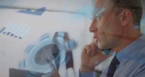 Caucasian Businessman Using Smartphone with Futuristic Interface