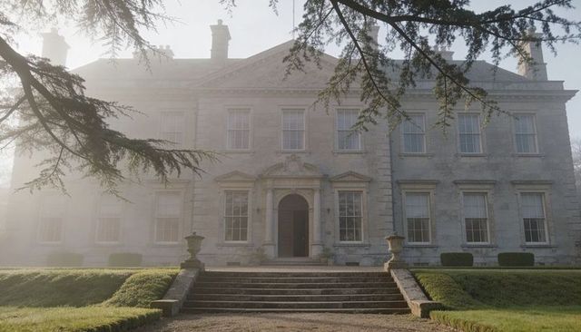 Dawn mist enveloping classical georgian manor with columned portico and formal gardens