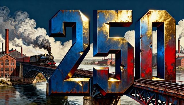 Rusted metal numerals 250 on riveted iron bridge with steam locomotive, industrial river