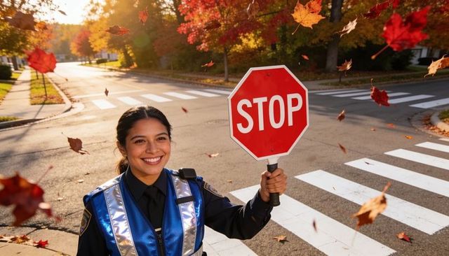 Smiling crossing guard holding stop sign in autumn suburban crosswalk with falling leaves